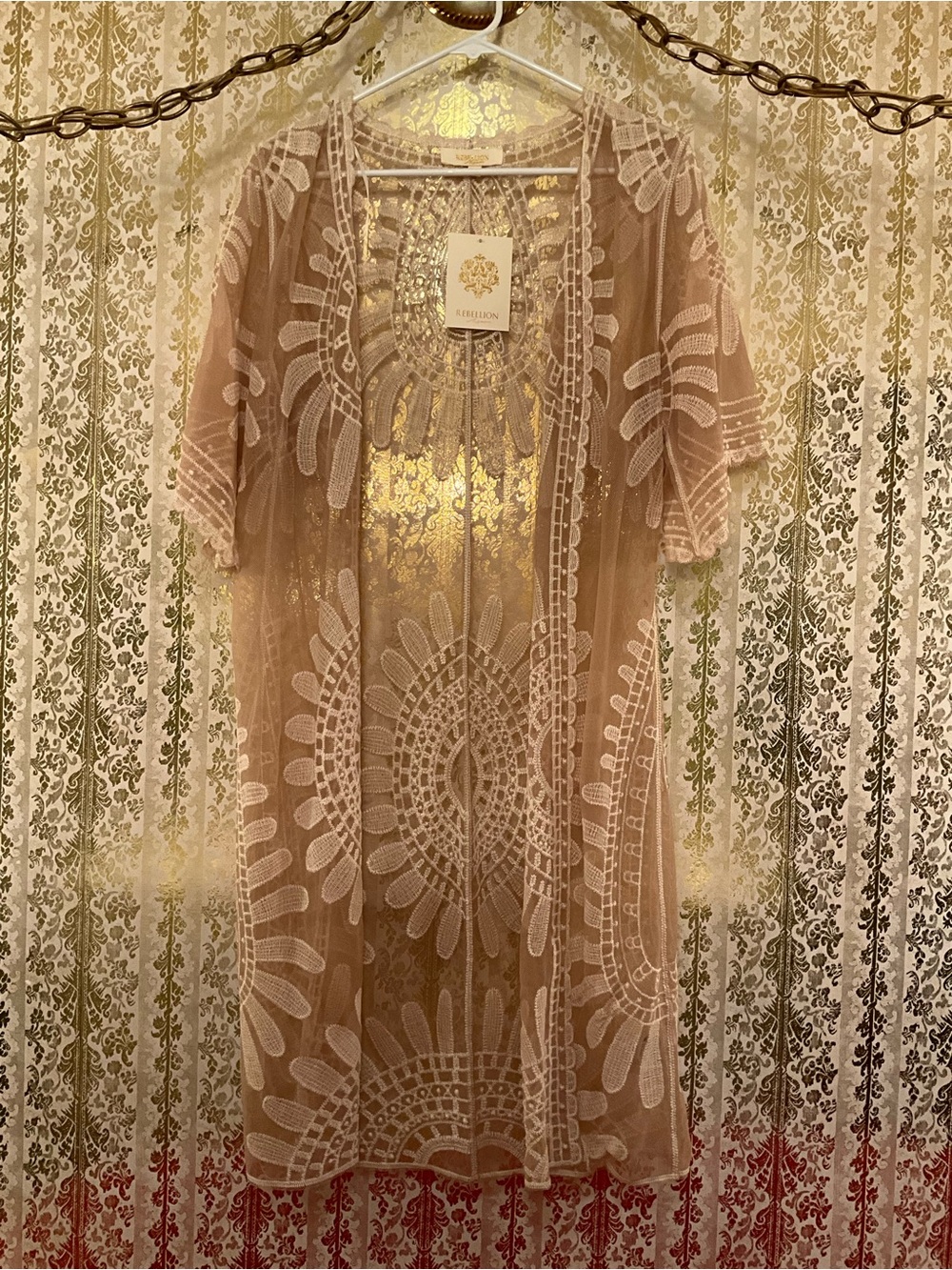 Rebellion Sheer Crochet Duster in Beige and White Accents
